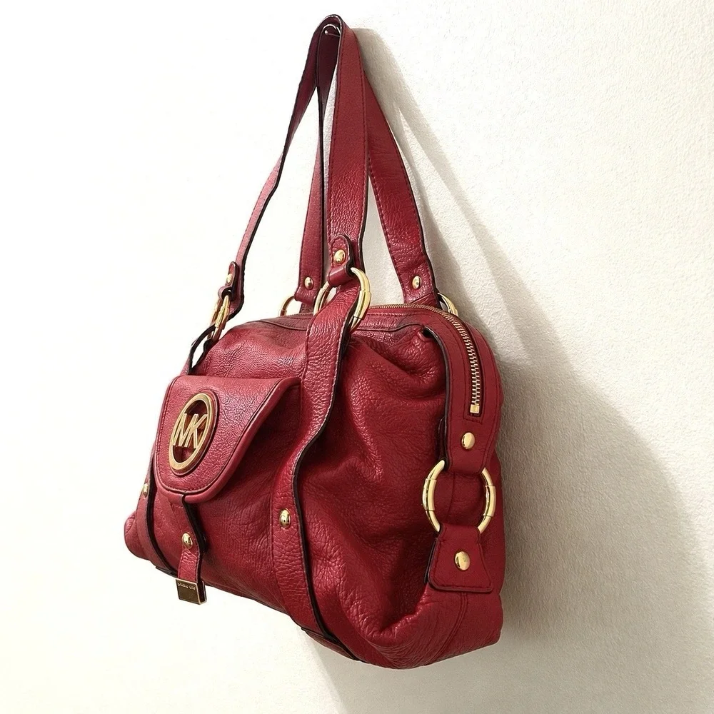 Michael Kors Red Pebbled Leather Shoulder Bag Gold Hardware Large Satchel Purse